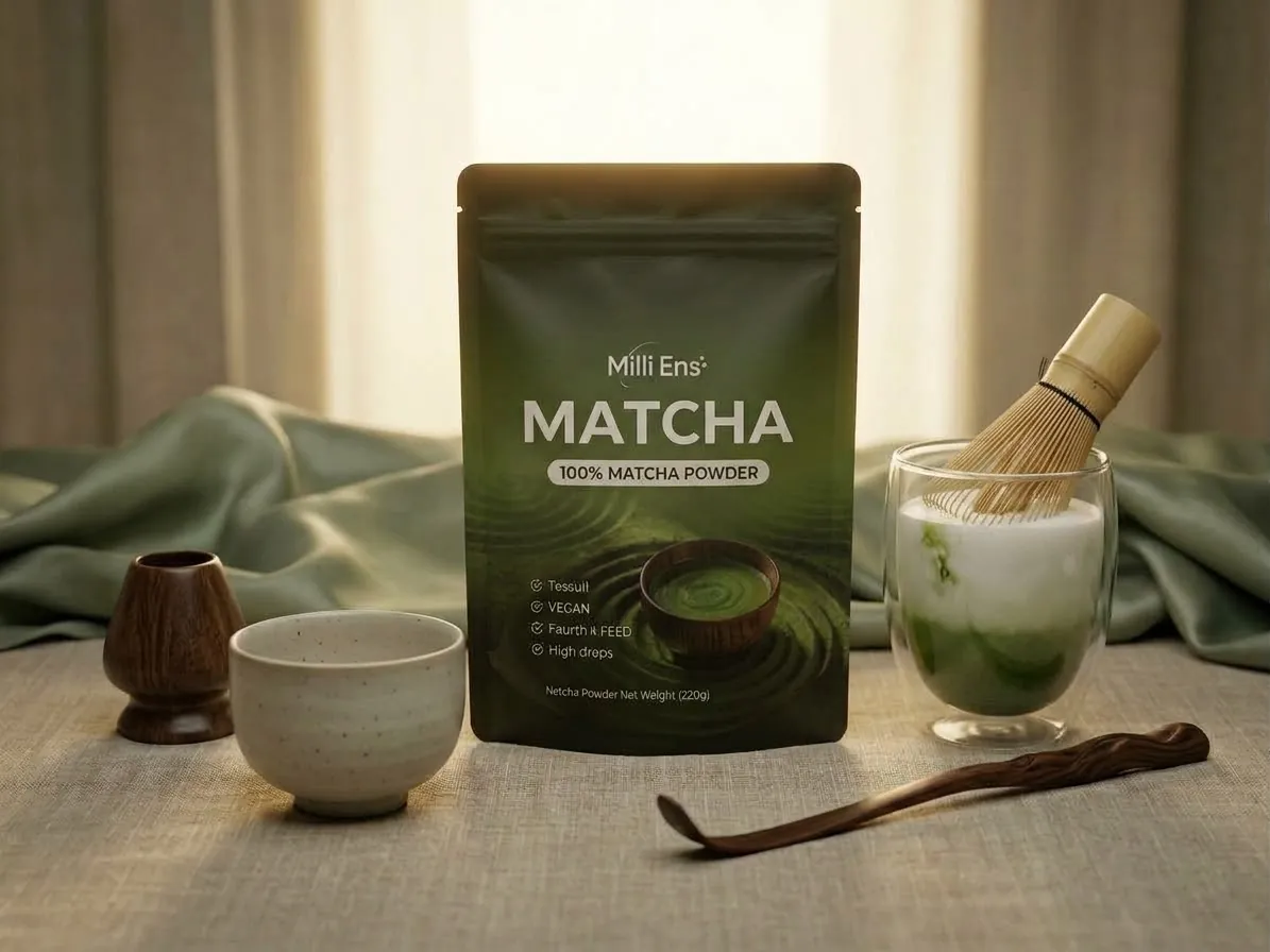 Milli Ens Ceremonial Grade Matcha pouch beside an iced matcha latte, a bamboo whisk and a ceramic bowl