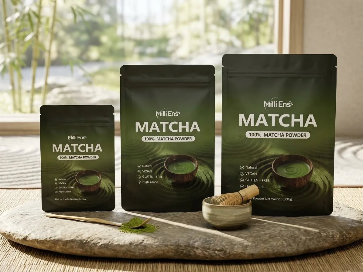 Milli Ens matcha pouches on a stone tray with a bamboo whisk, a matcha bowl and a scoop of matcha powder